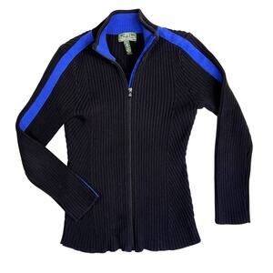 Y2K Ralph Lauren LRL Active Sweater Womens Large Black Blue Ribbed Zip Vintage